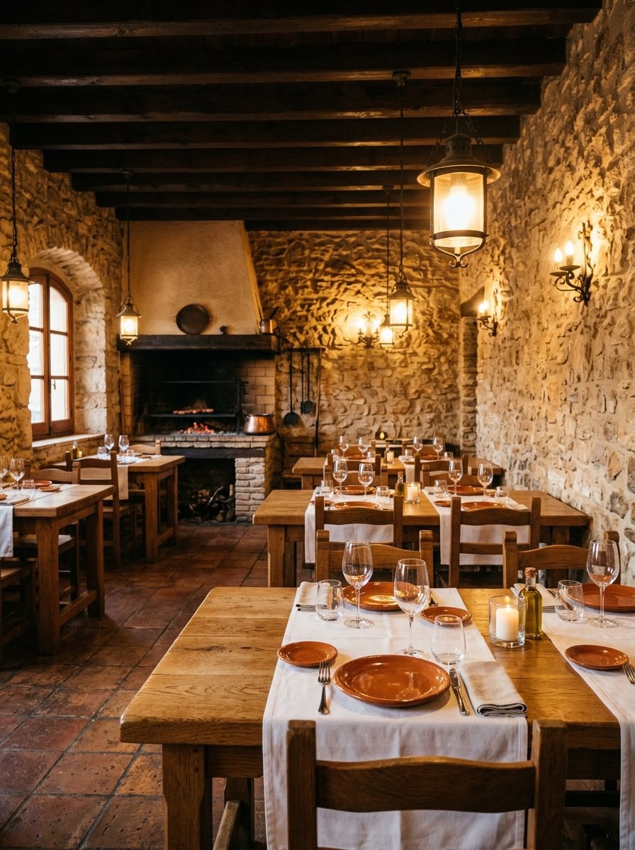 Salón acogedor del mesón con mesas de madera e iluminación cálida